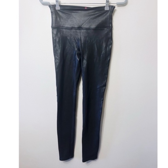 SPANX Black Metallic Sleek Faux Vegan Leather Compression High Waist Leggings L - Picture 8 of 16